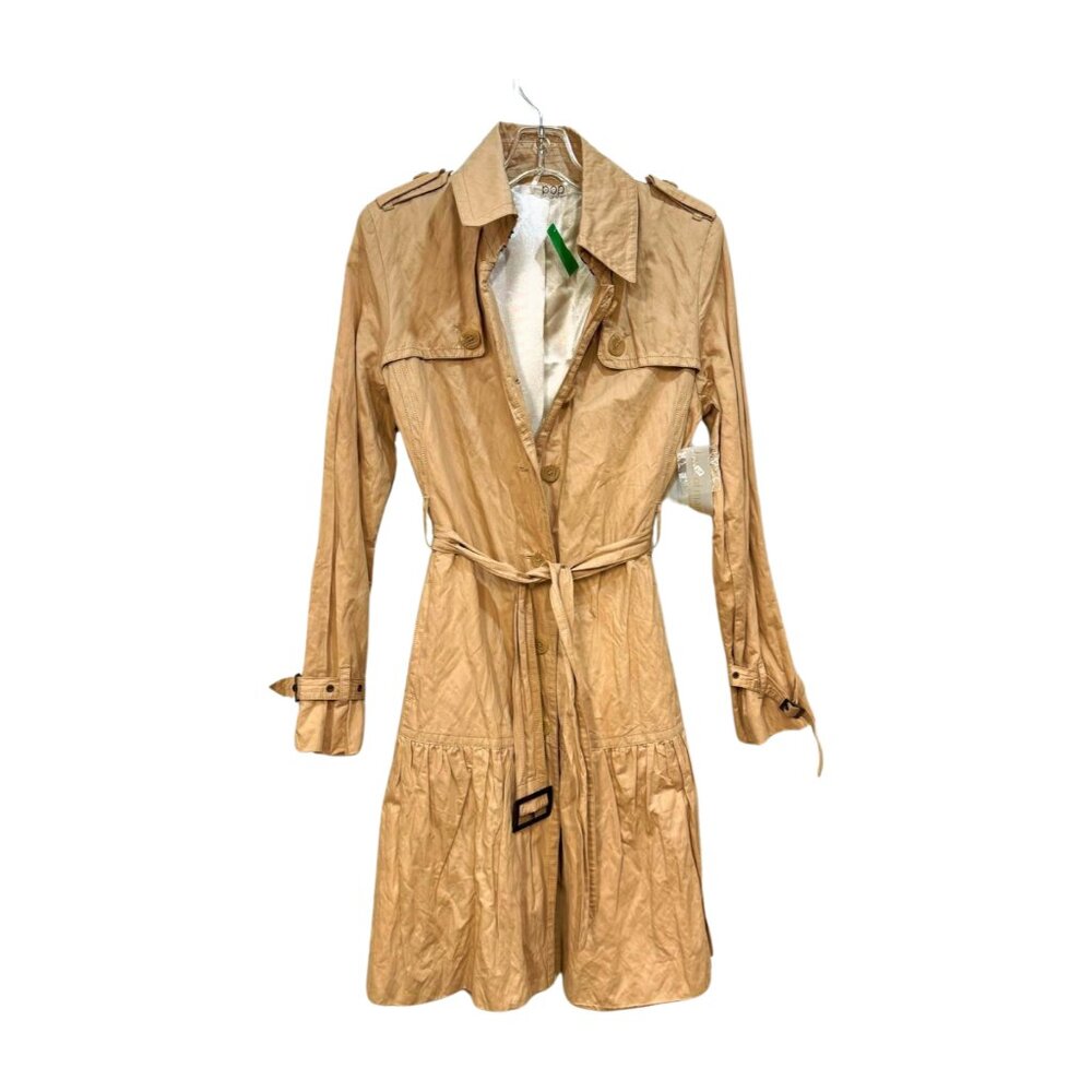 Population of Many Long Sleeve Button Front Collar Belt Coat Tan